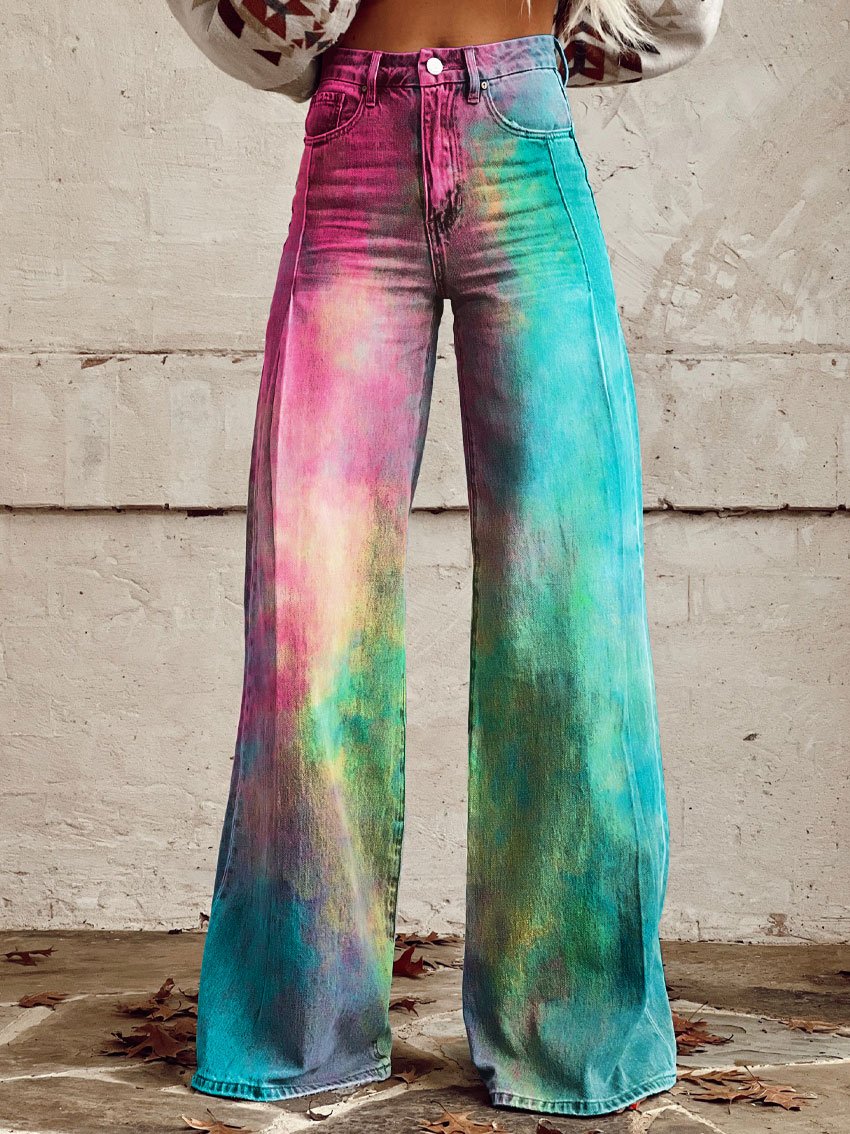 Vintage Print Casual Wide-Leg Pants