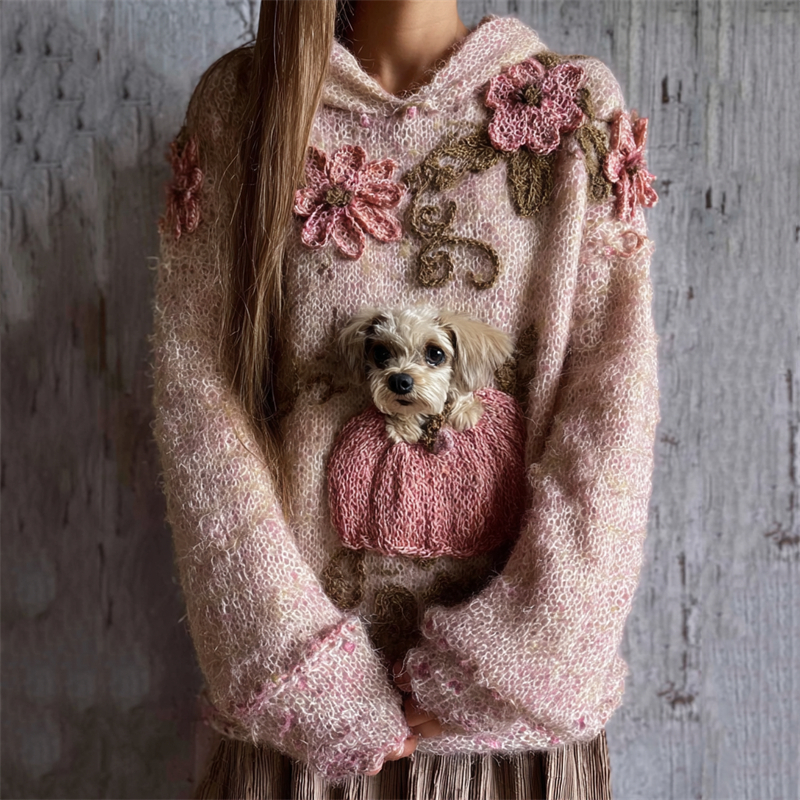 Lovely Fuzzy Dog & Pink Pumpkin Floral Cozy Hooded Sweater