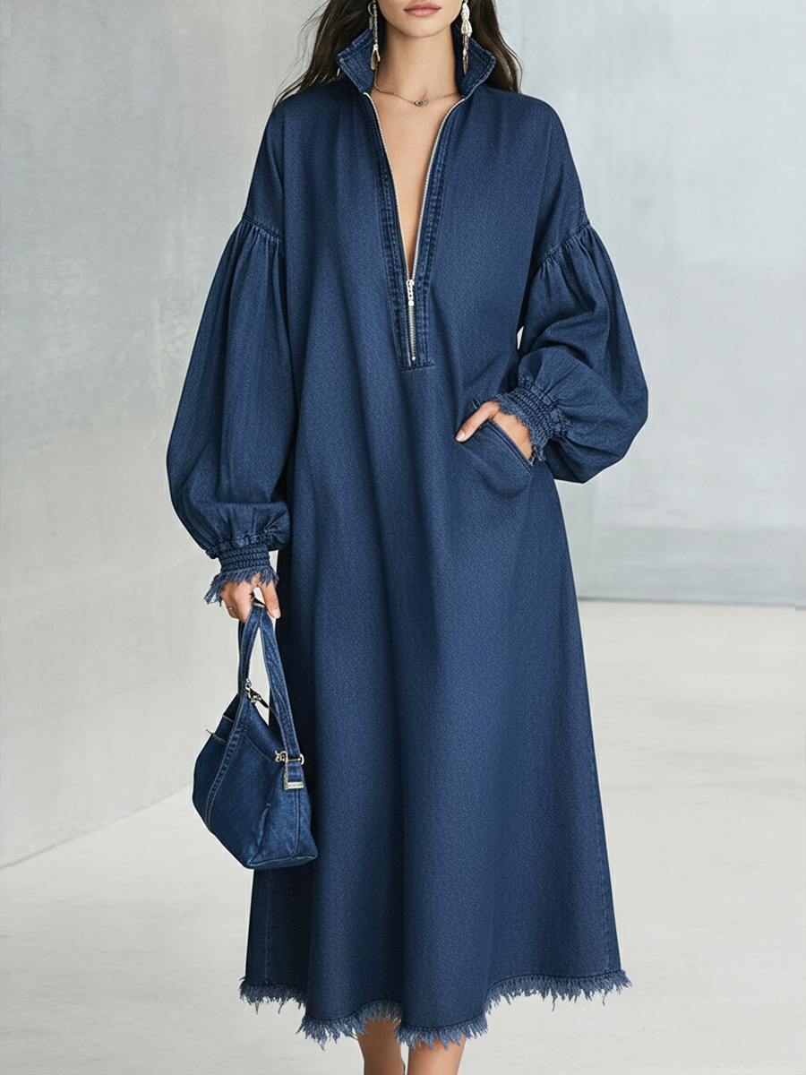 Casual Loose-fitting Denim Dress With Zipper
