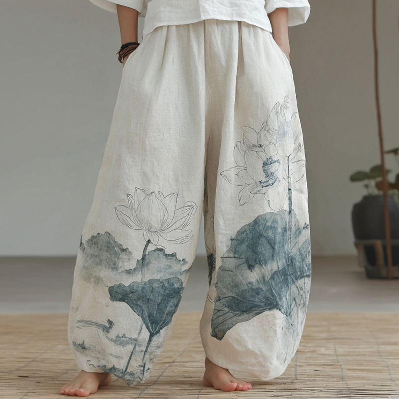 Japanese-style Lotus Pattern Linen Trousers
