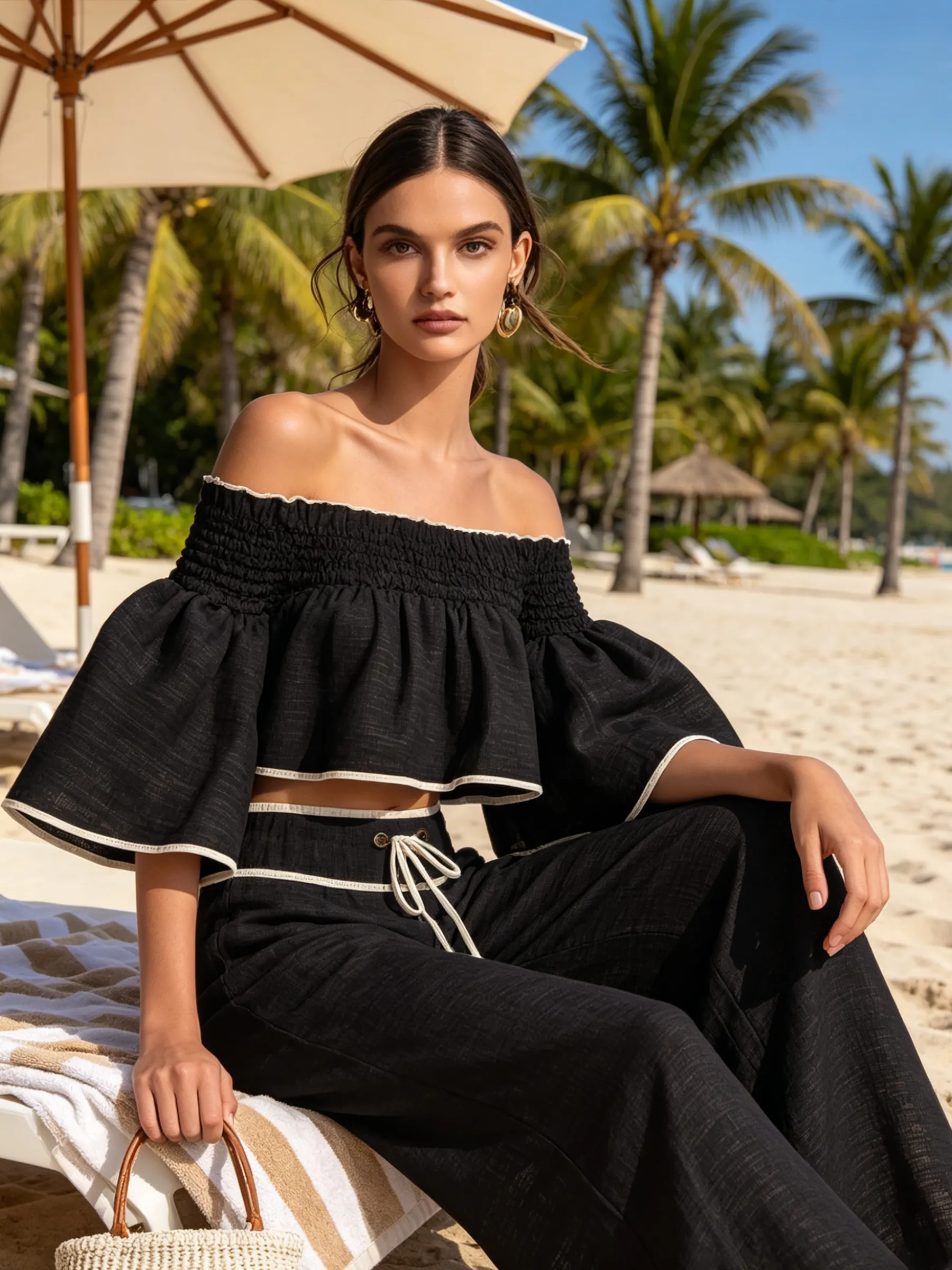 Black -Blend Off-Shoulder Two-Piece Set With Contrast Trim