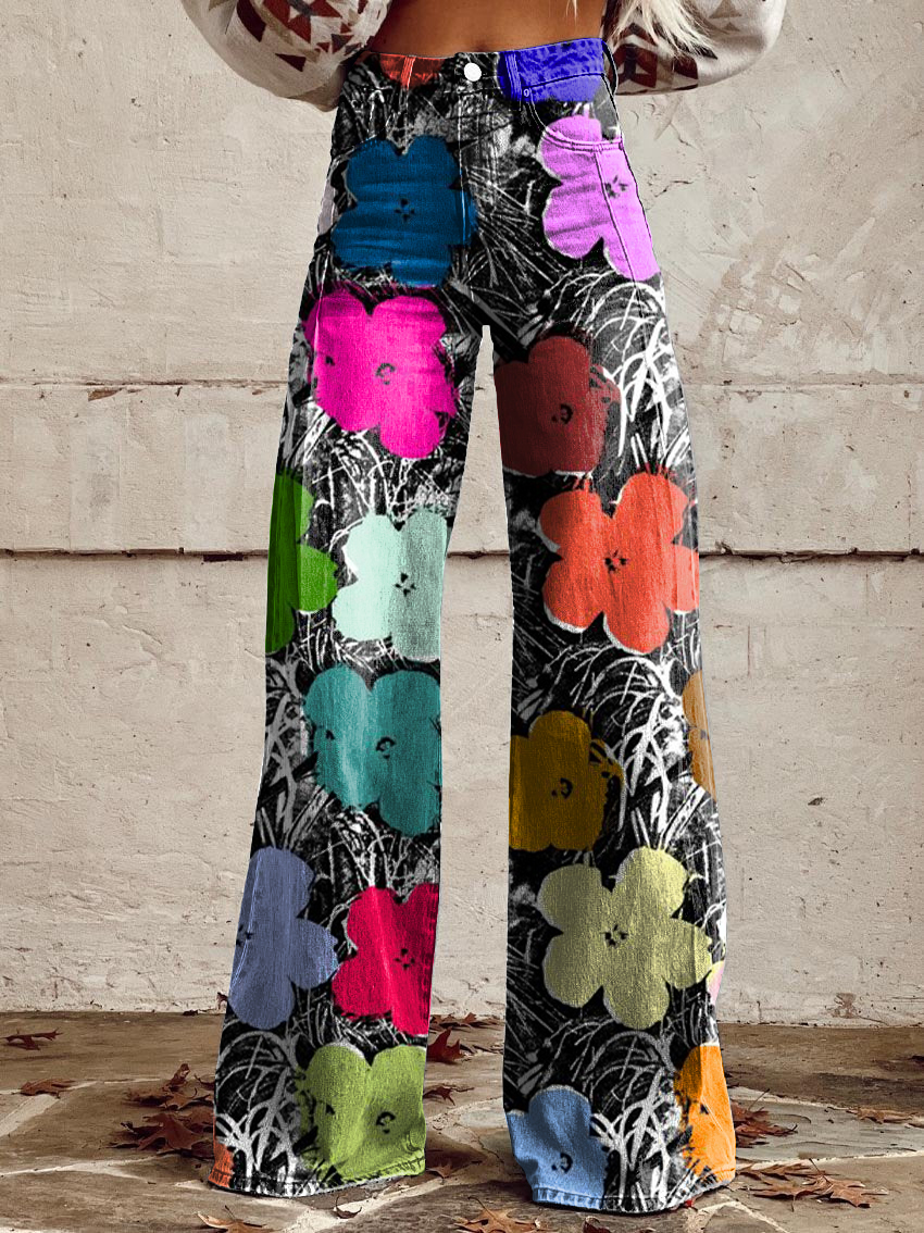 Vintage Floral Print Casual Wide-Leg Pants