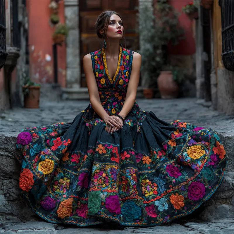 Day Of The Dead Mexican Floral Embroidered Linen Maxi Dress