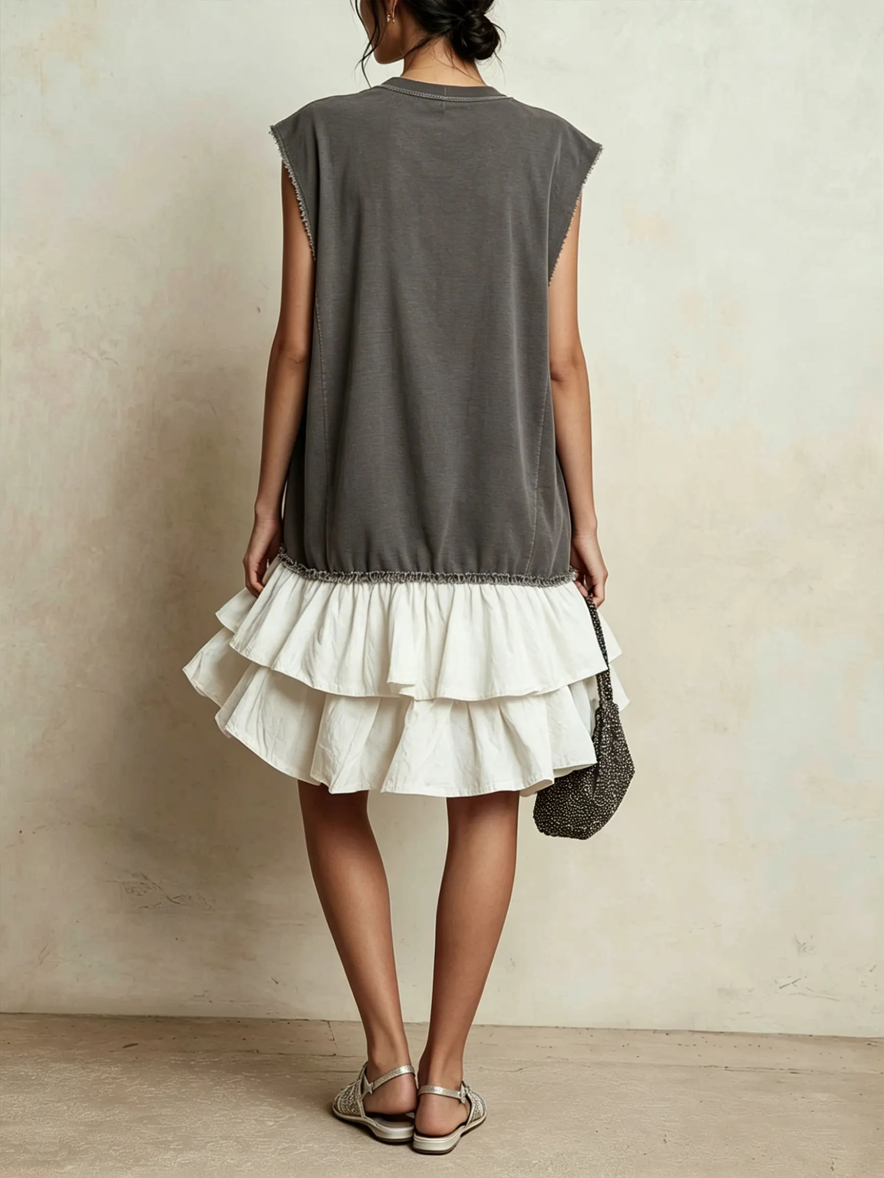 Contrast Raw Edge Tiered Hem Sleeveless Mini Dress Color Block Casual Loose Fit Vacation Dress