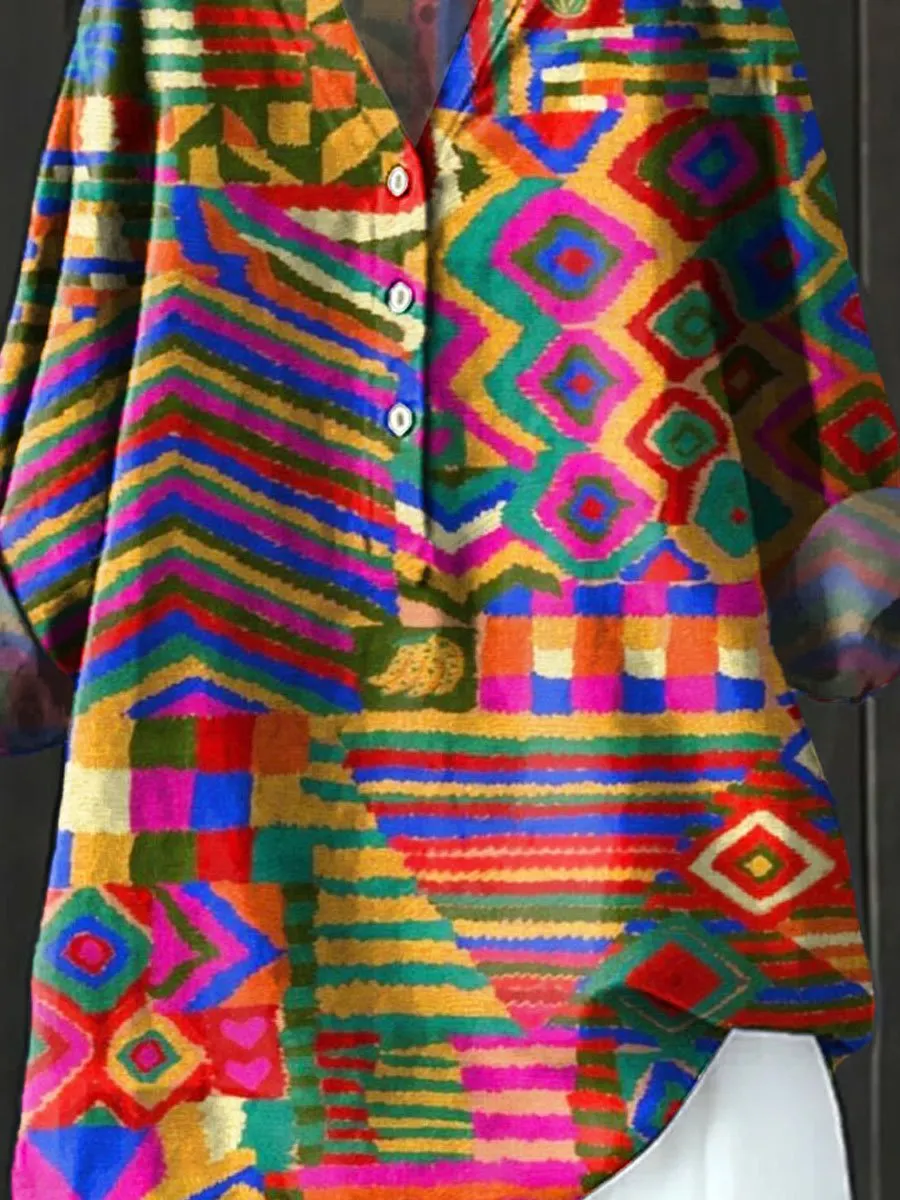 Vintage Ethnic Art Print Casual Cotton & Linen Shirt