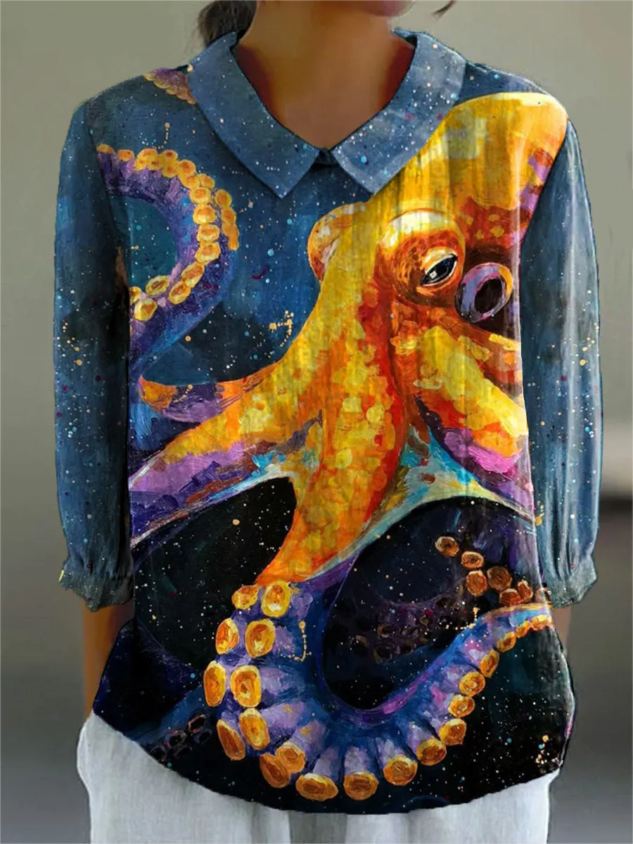 Vintage Octopus Art Print Casual Cotton & Linen 3/4 Sleeve Shirt