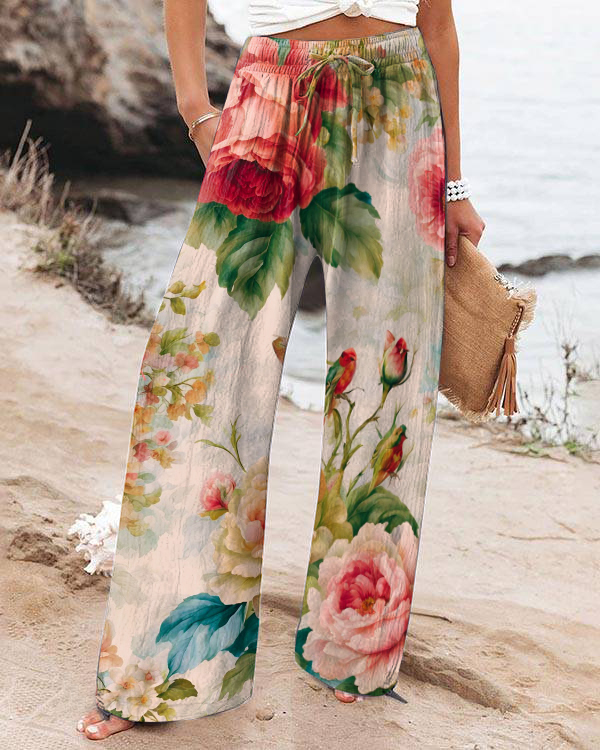 Retro Floral Print Loose Cotton & Linen Wide-leg Pants