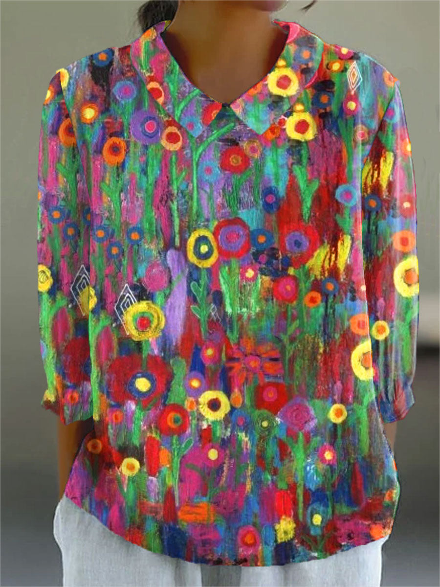 Vintage Flower Art Print Casual Cotton & Linen 3/4 Sleeve Shirt