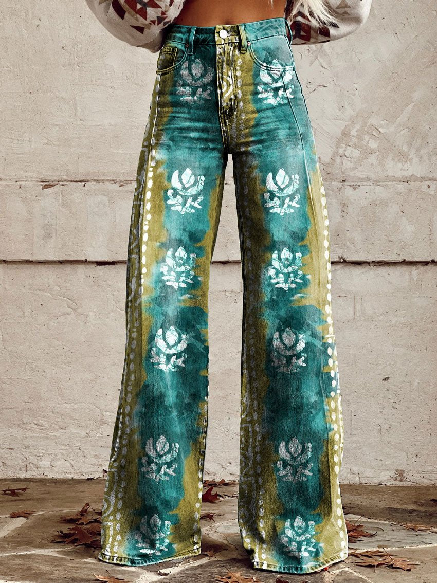 Vintage Print Casual Wide-Leg Pants