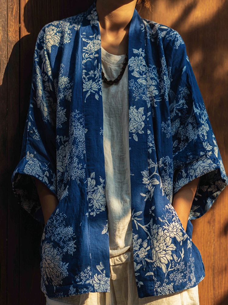 Vintage Japanese Traditional Sashiko With Floral Art Print Cotton & Linen Blend Kimono Cardigan