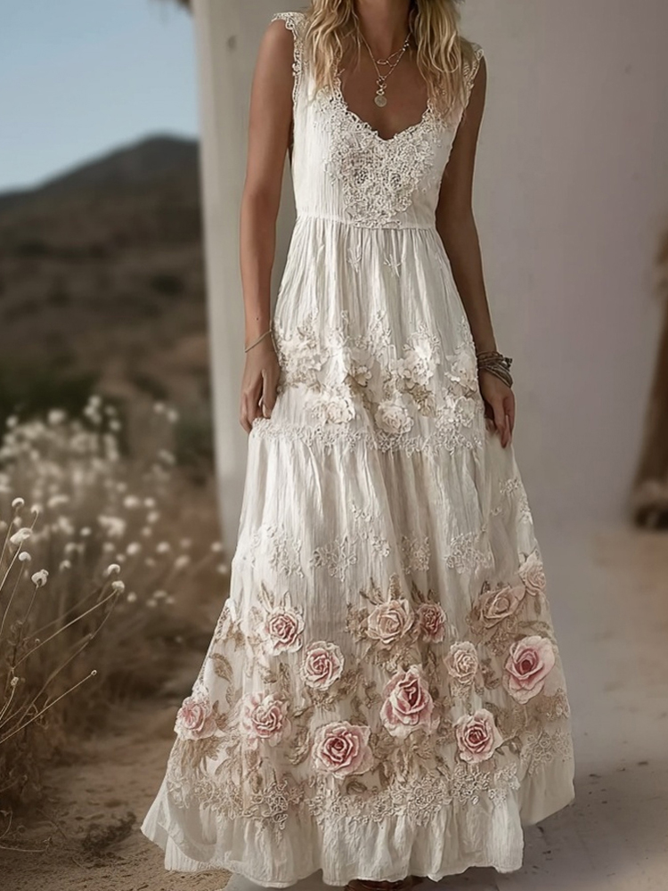 Vintage Boho Pink Roses Embroidered Flowy Lace Maxi Dress