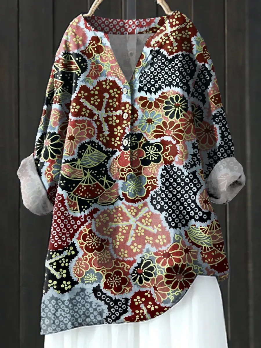 Floral Art Print Casual Cotton & Linen Shirt