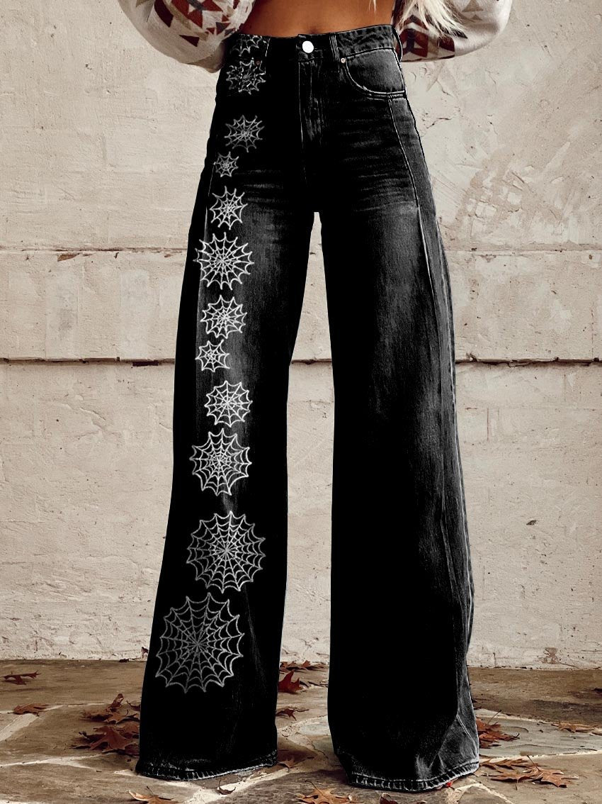 Black Spider Web Print Casual Wide-Leg Pants