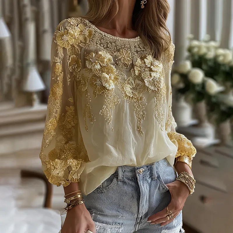 Women's Classic Bohemian Yellow Floral And Gold Roses Embroidery Art  Linen Blend Round Neck T-shirt