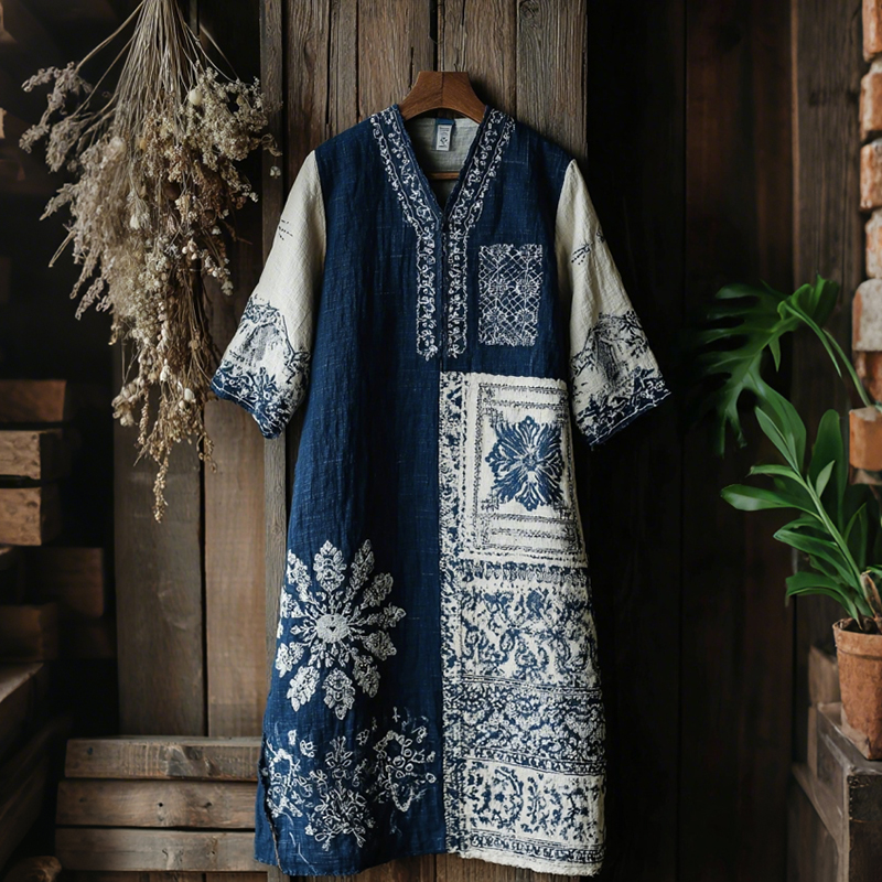 Japanese Art Patchwork Print Midi Dress