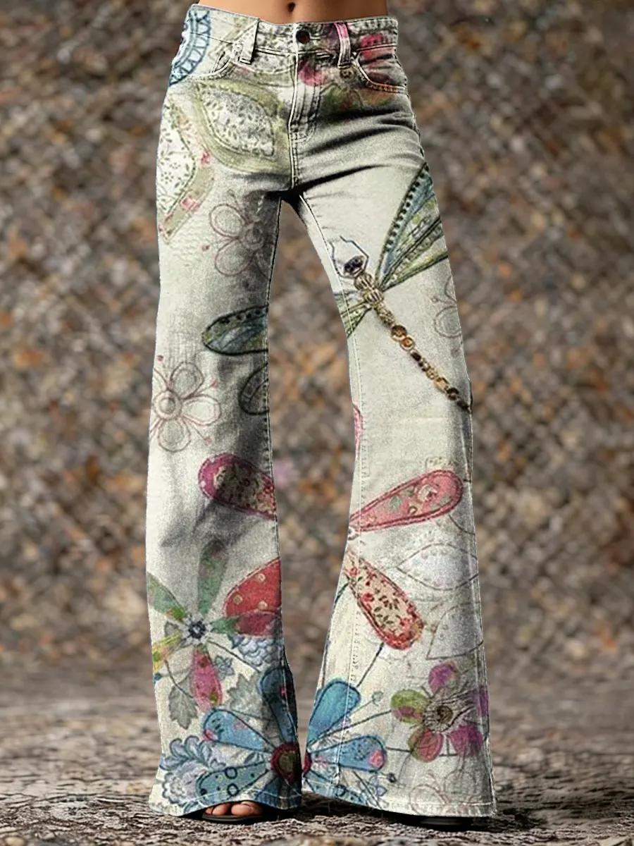 Ethnicity Texture Dragonfly Flowers Women's Print Casual Wide Leg Pants
