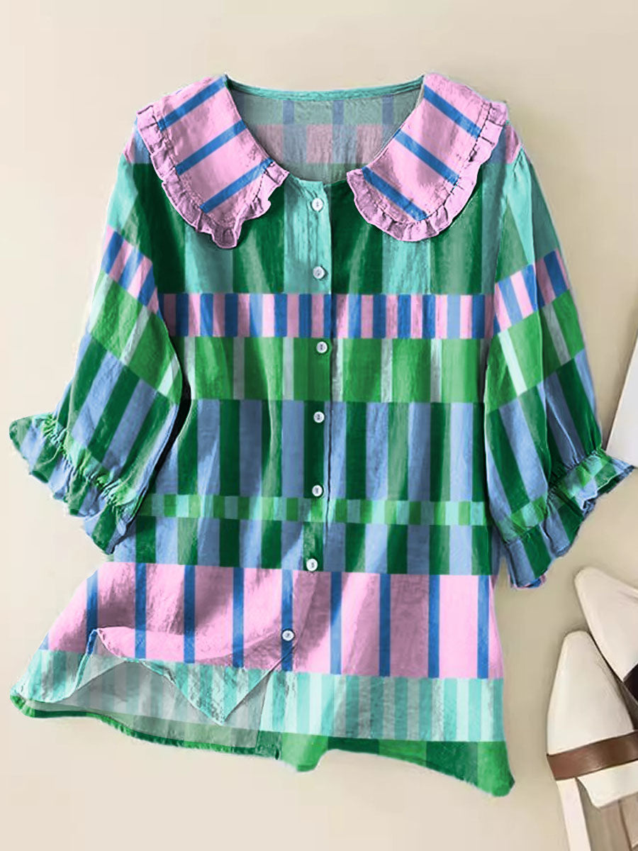 Geometric Pattern Art Print Casual Peter Pan Collar Cotton Shirt