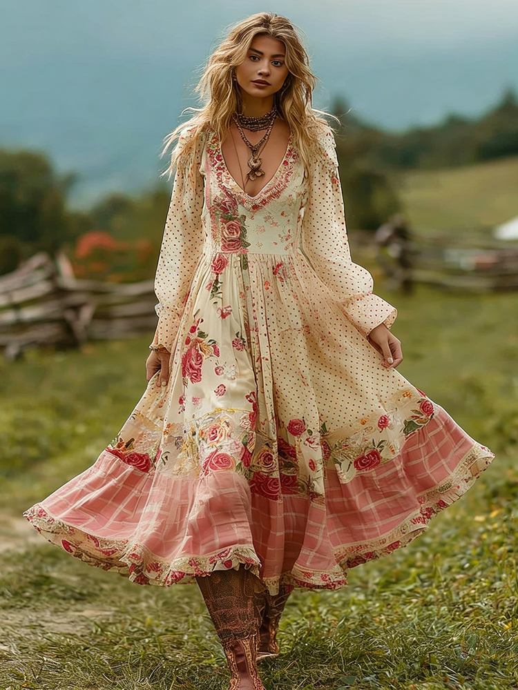 Women's Vintage Pink Rose And Polka Dot Casual V-neck Dress