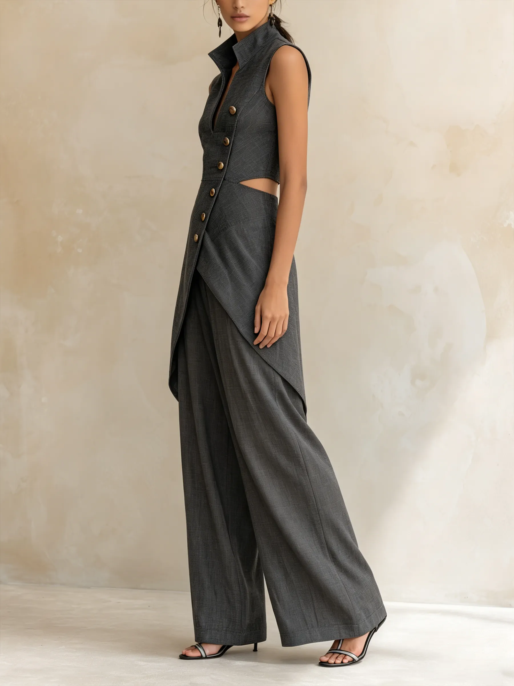 Charcoal Asymmetric Waistcoat & Wide-Leg Pant Set