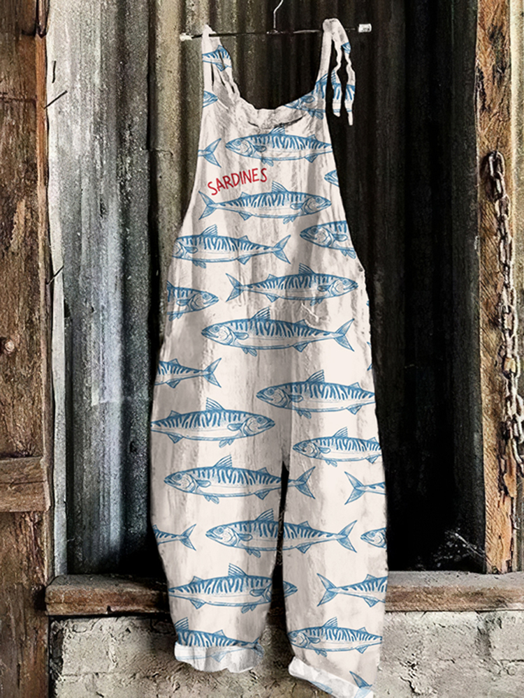Retro Sardinas Fish Art Print Linen Loose Casual Jumpsuit