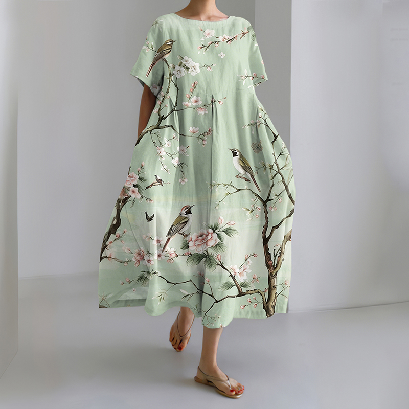 Casual Japanese Floral & Bird Art Print Dress