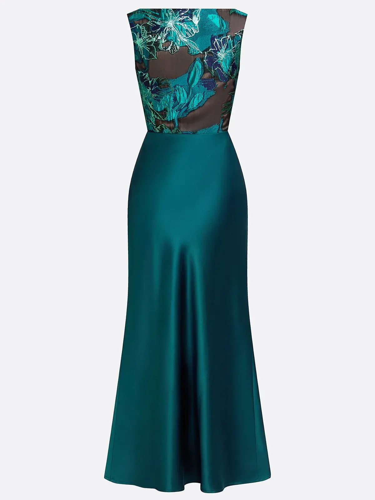 Cyan Jacquard Ruched Satin Boat Neck Sleeveless Sheath Floor-length Gown