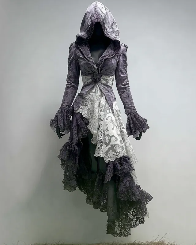 Bohemian style Irregular Gradient Lace Patchwork Hooded Evening Dress 5f57