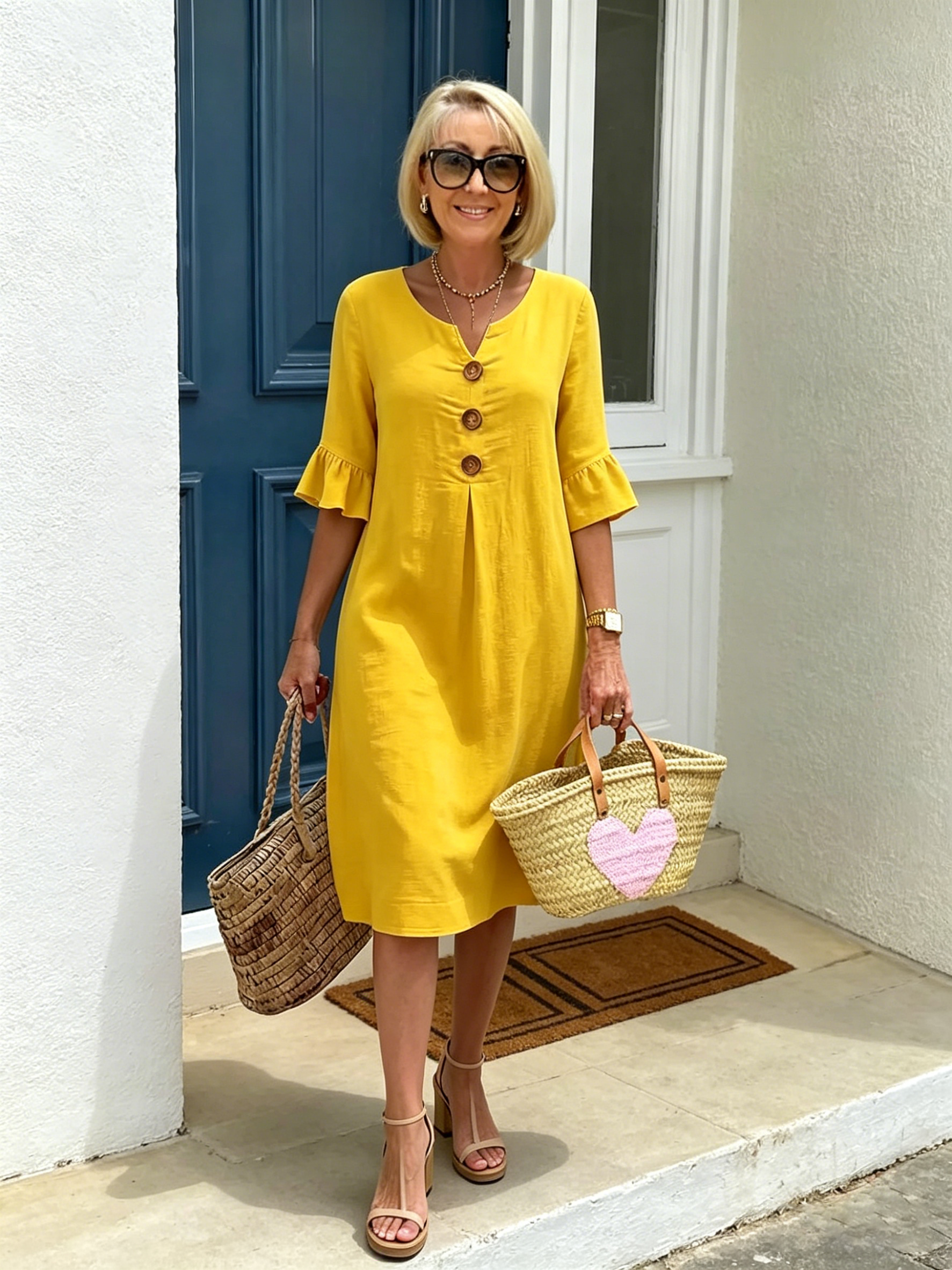V-Neck Linen-Blend Relaxed Midi Dress