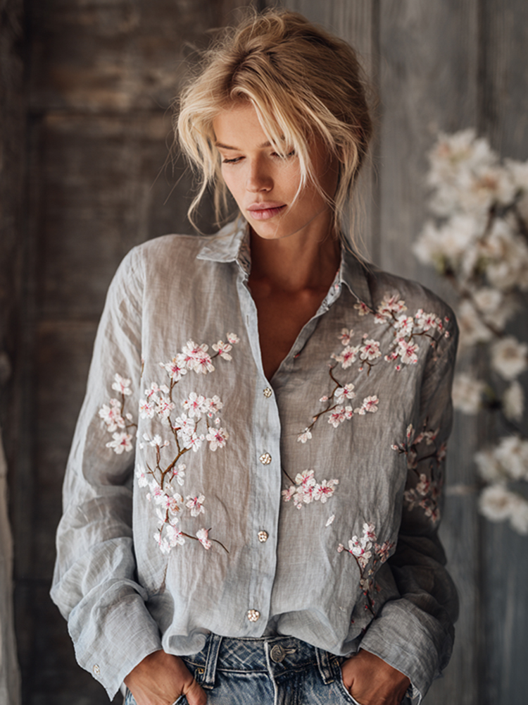 Vintage Plum Blossom Embroidered Floral Linen Long Sleeve Shirt
