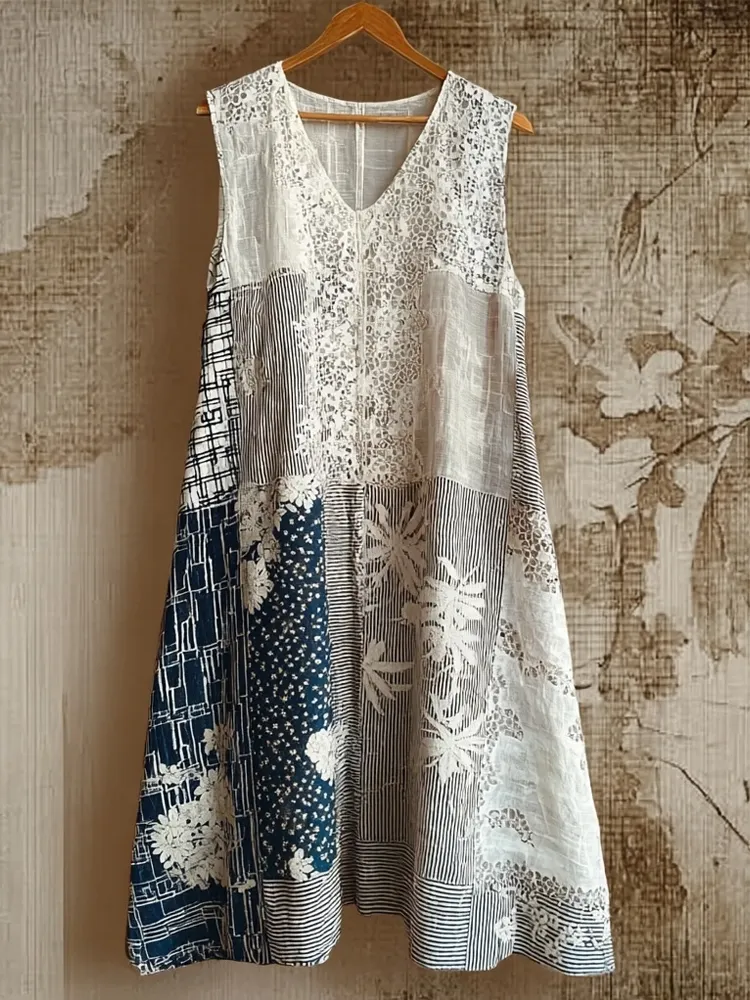 Vintage Japanese Patchwork Hollow Floral Lace Midi Tank Dress
