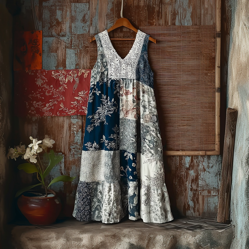 Japanese Art Retro Style Geometric Patchwork Design Lace Patch Women's Cotton & Linen Dress