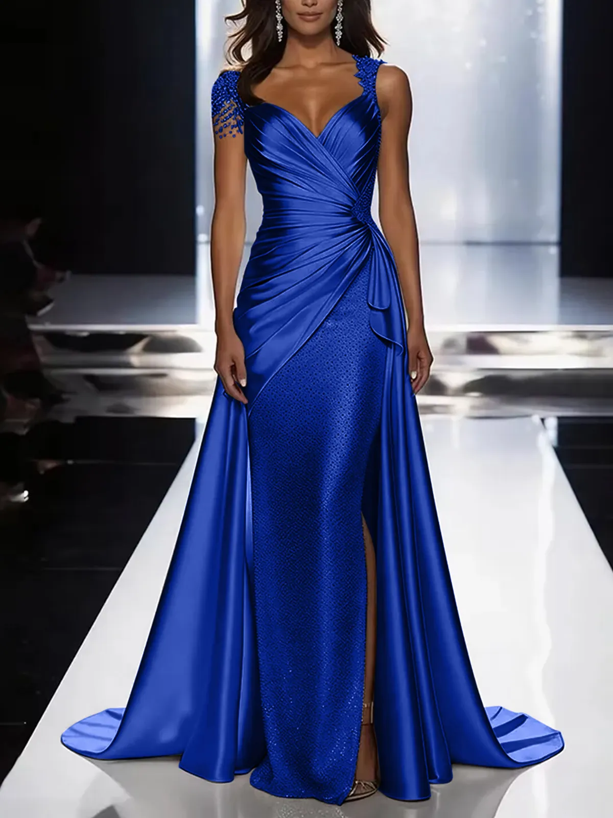 Silver Grey Deep V-Neck Draped Satin Metallic Mermaid Maxi Dress