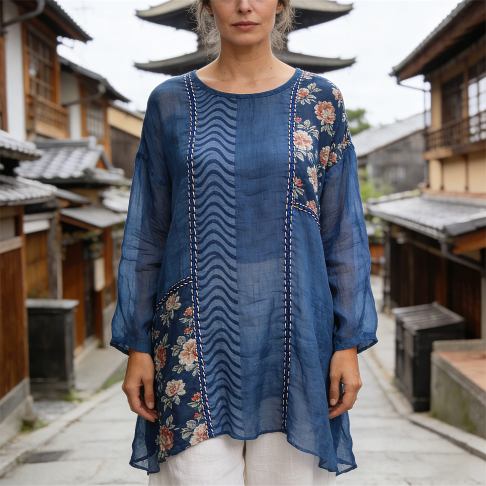 Japanese Sea Wave Line Stitch Floral Patchwork Pattern Women's Linen Long Sleeve Shirt