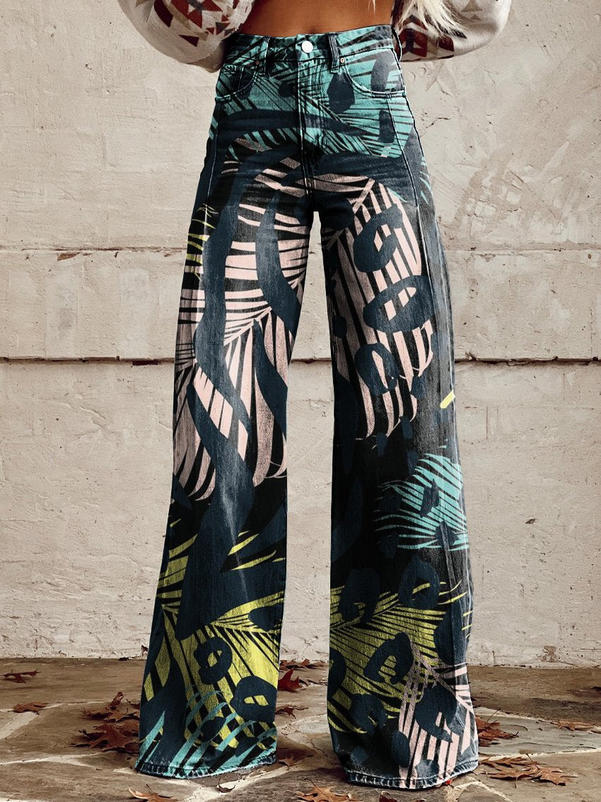 Vintage Print Casual Wide-Leg Pants