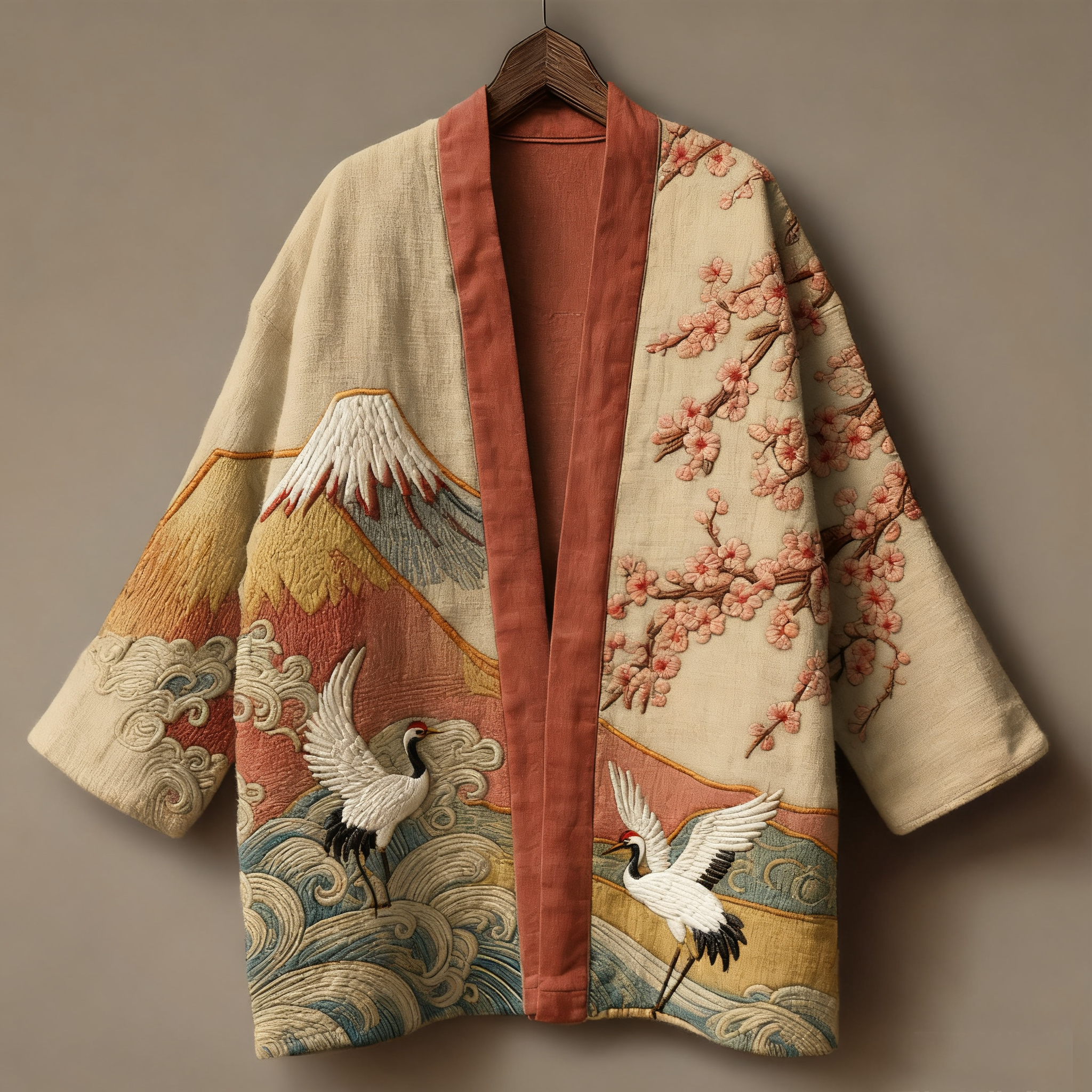 Japanese art ukiyo-e three-dimensional embroidered linen kimono cardigan