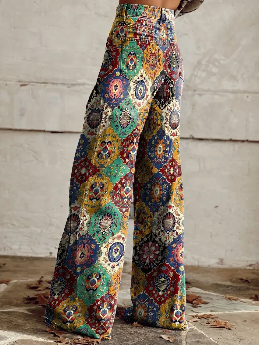 Vintage Geometric Pattern Print Casual Wide-Leg Pants