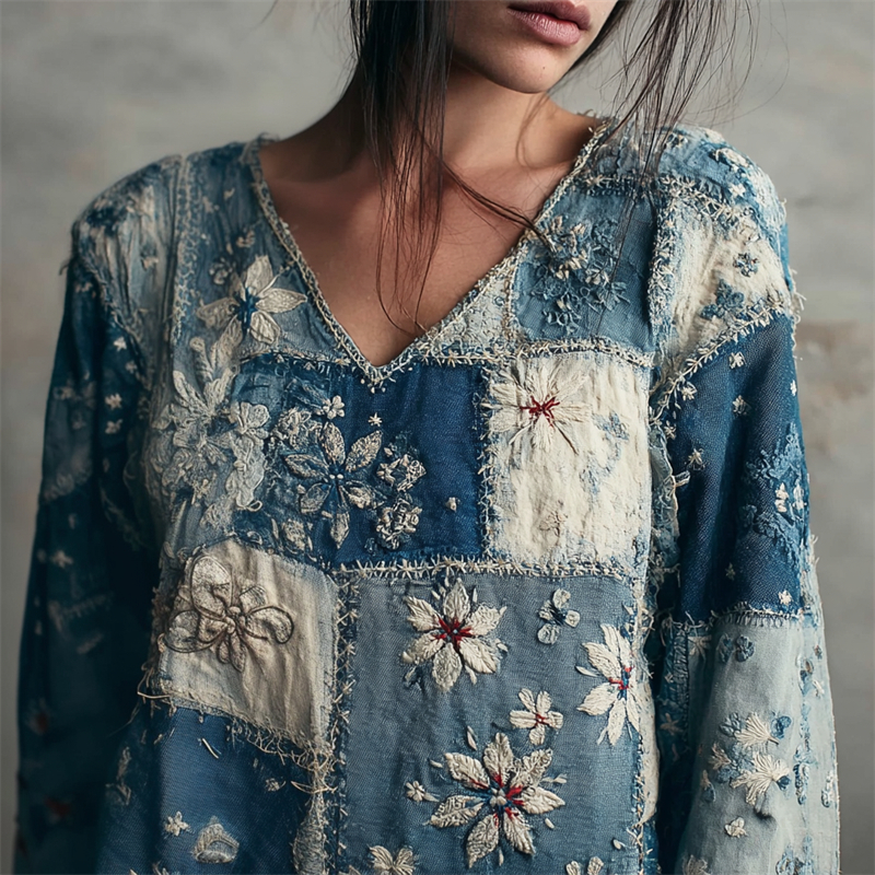 Floral Lace Japanese Sashiko Inspired Patchwork Linen Tunic