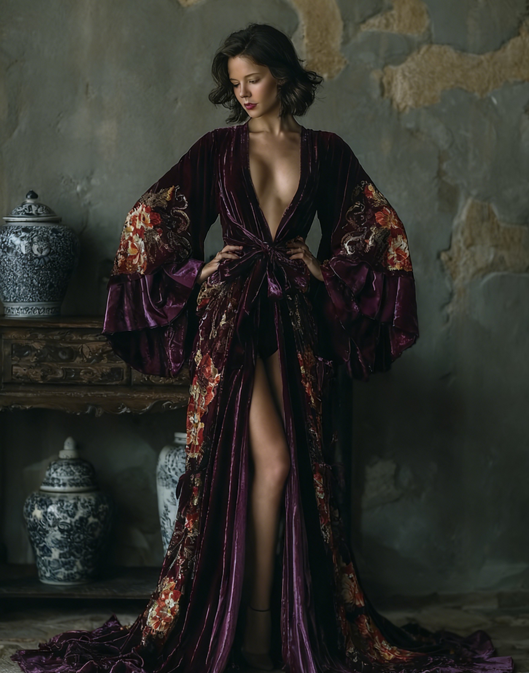 Women's Retro Fit Purple Velvet Robe (belt Included)