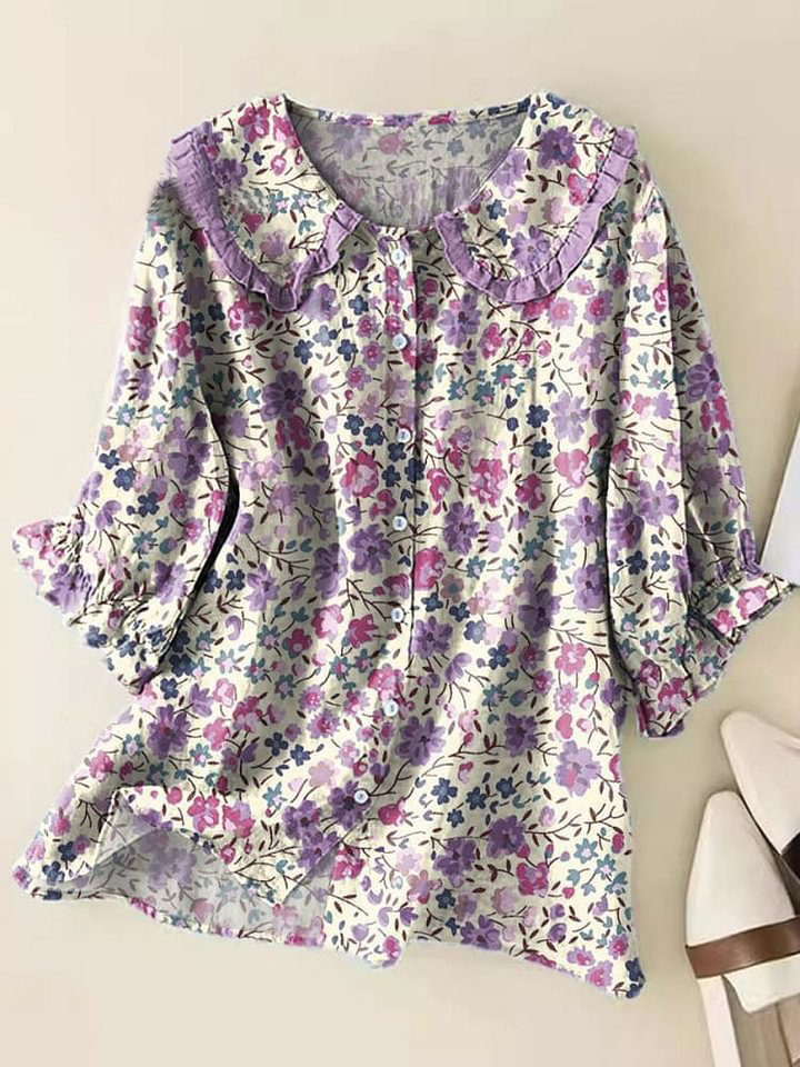 Vintage Floral Art Print Loose Top Peter Pan Collar Half Sleeve Blouses