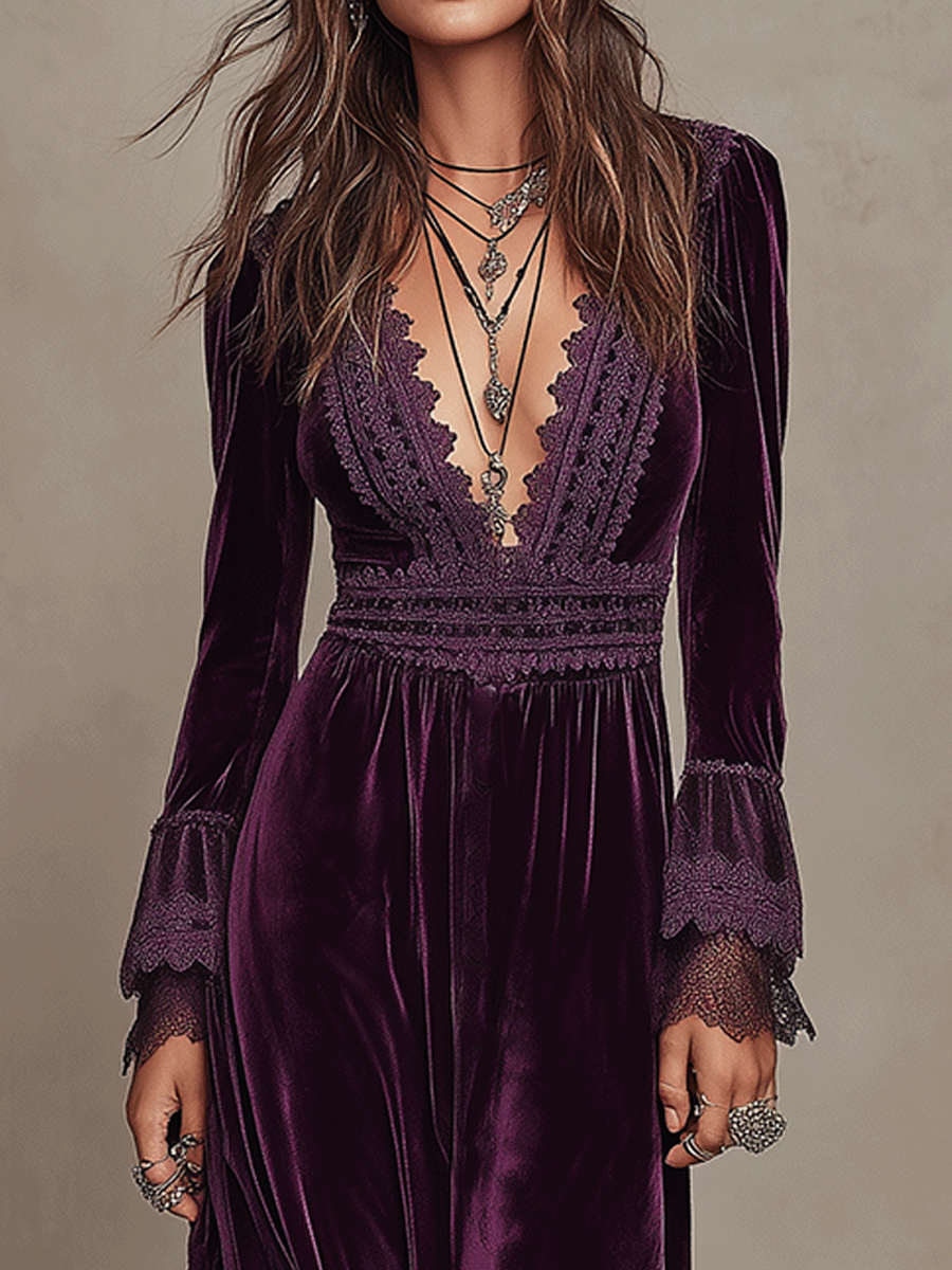 Elegance Boho Velvet Deep-V Lace Bohemian Maxi Dress