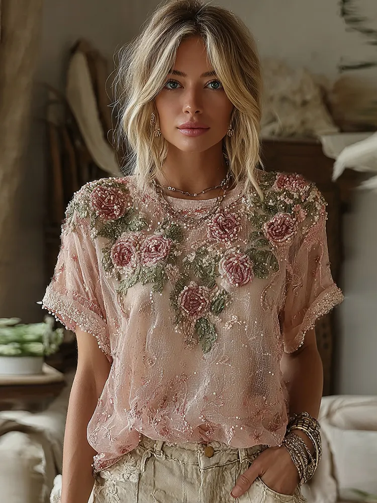 Women's Vintage Floral Art Linen Blend Comfy T-shirt