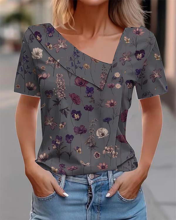 Vintage Floral Print Cotton Blend Short-sleeved Button-down Top