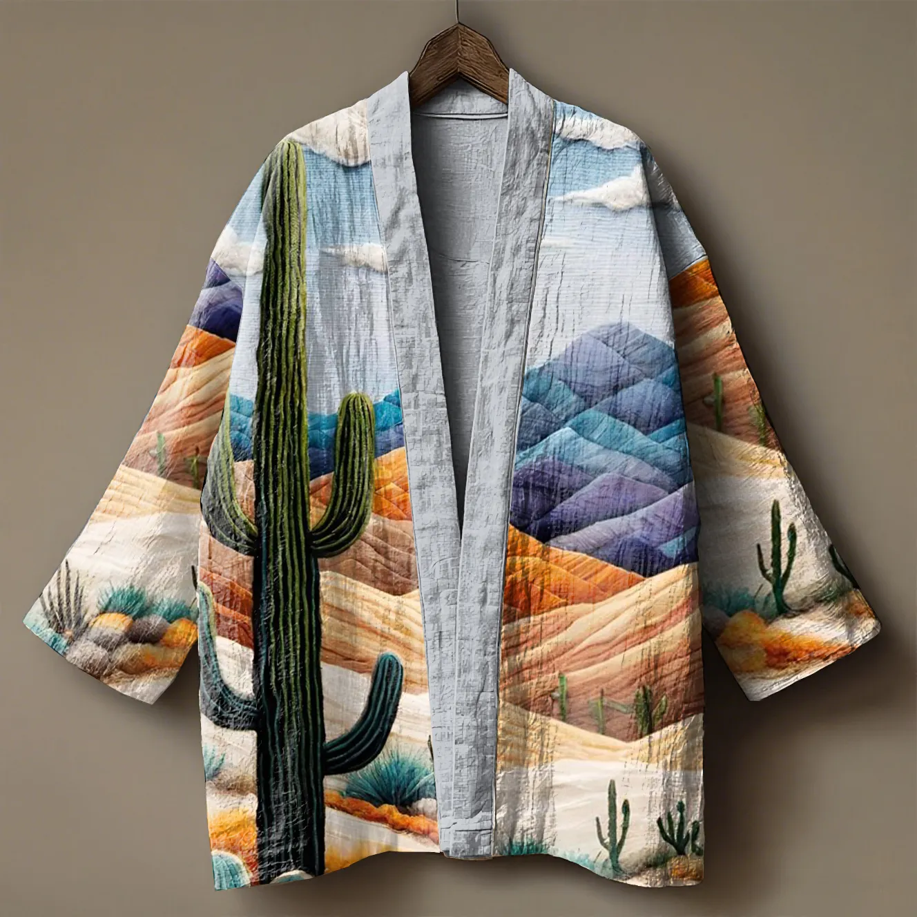Cactus Embroidered Printed Linen Cardigan Kimono