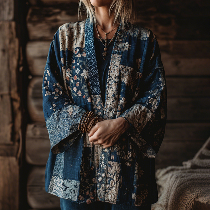 Vintage Japanese Traditional Sashiko Floral Patchwork Art Print Cotton & Linen Blend Kimono Cardigan