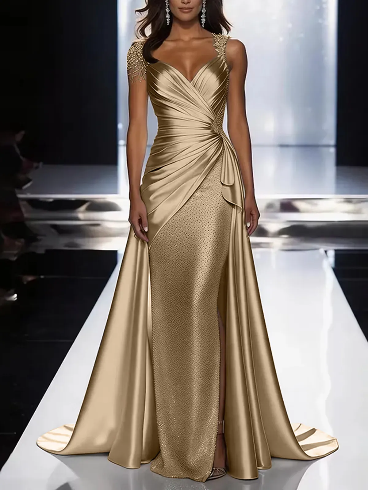 Silver Grey Deep V-Neck Draped Satin Metallic Mermaid Maxi Dress