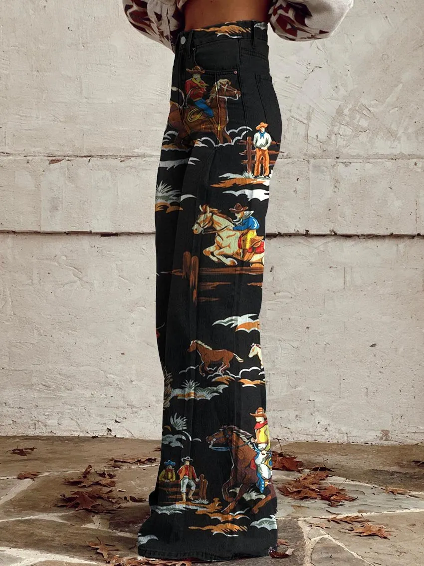 Cowboy Race Print Casual Wide-Leg Pants