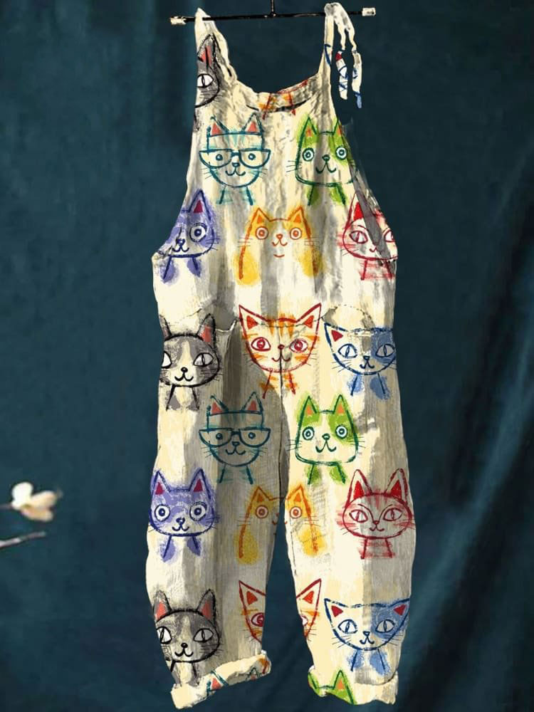 Cute Cat Art Print Colorful Art Casual Wide-Leg Jumpsuit