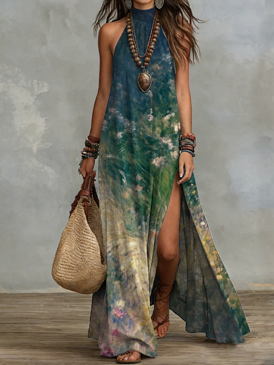 Bohemian Print Halter Side-Slit Maxi Dress