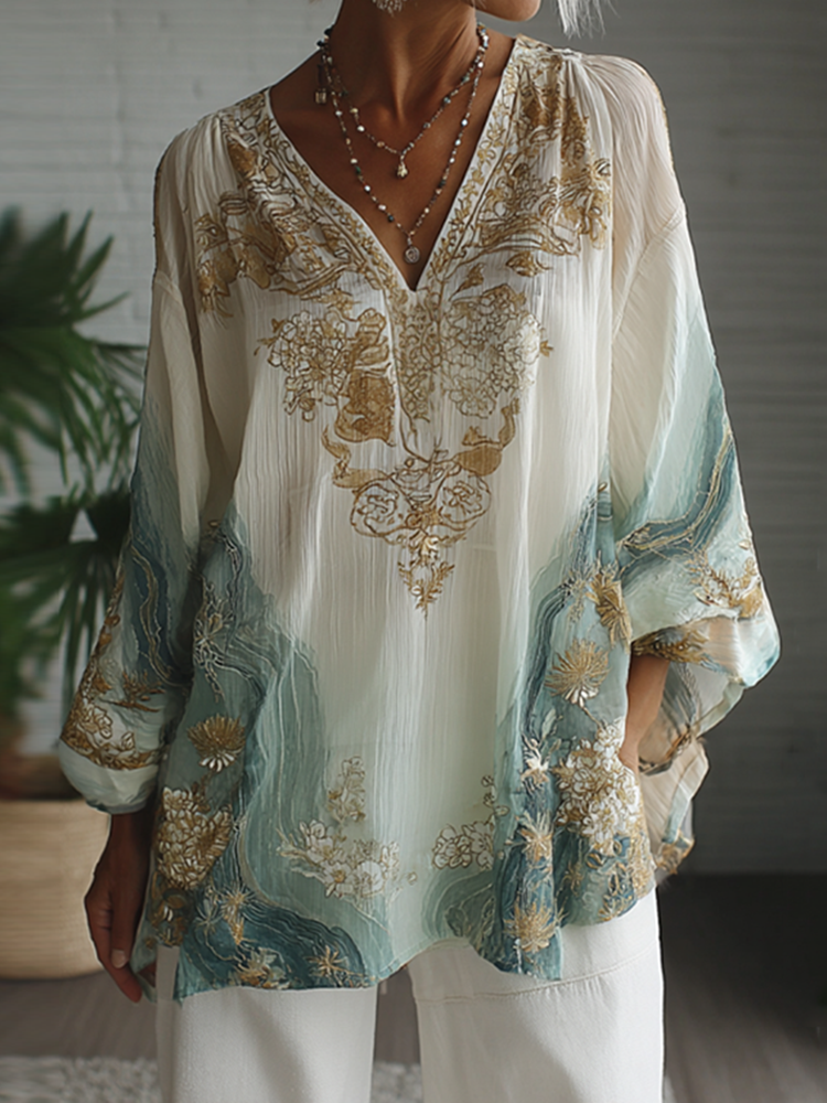 Vintage Marble Texture Collection Bohemia Women Style Gradient Gilded Pattern Round Neck T-shirt