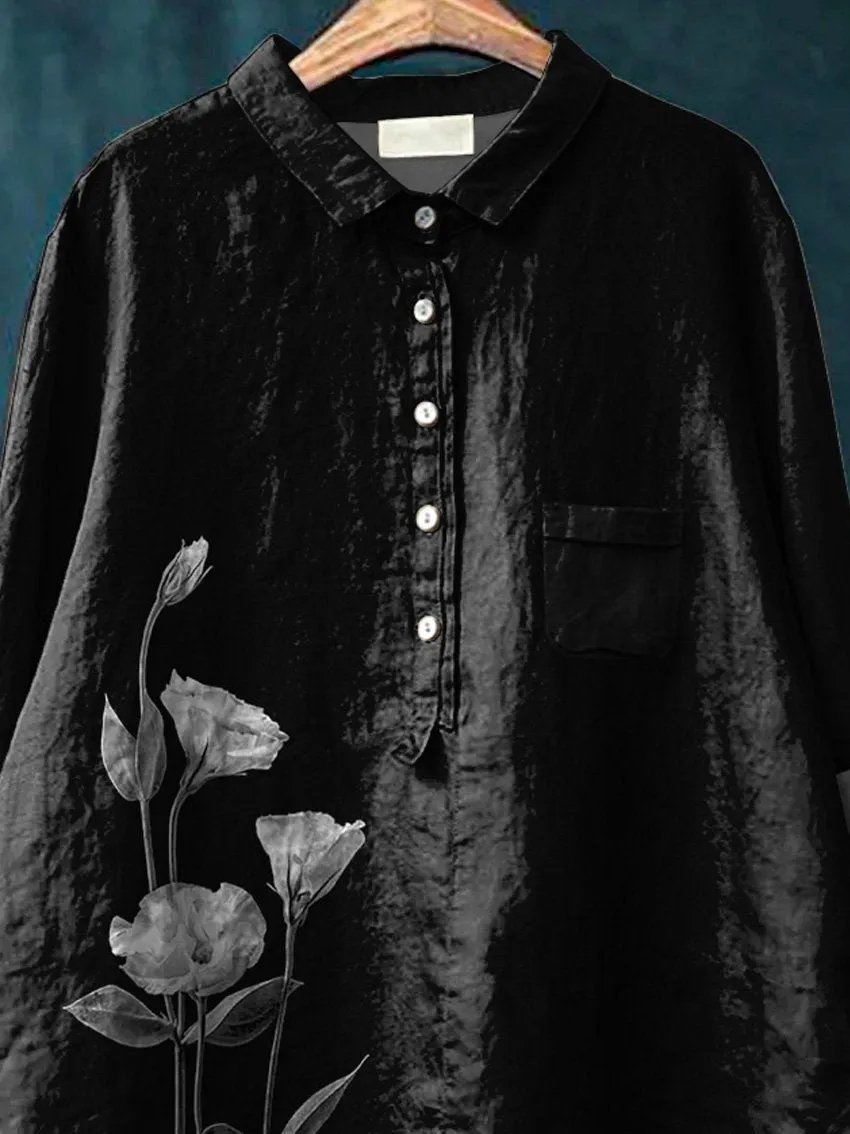 Ink & Wash Style Floral Printed Women's Casual Cotton & Linen Shirt